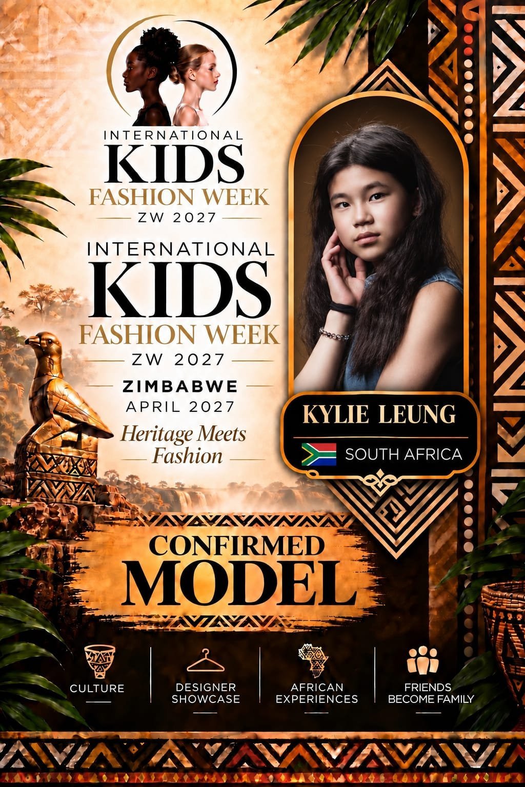 Promotional poster for International Kids Fashion Week ZW 2027 in Zimbabwe featuring confirmed model Kylie Leung from South Africa with African-inspired design elements