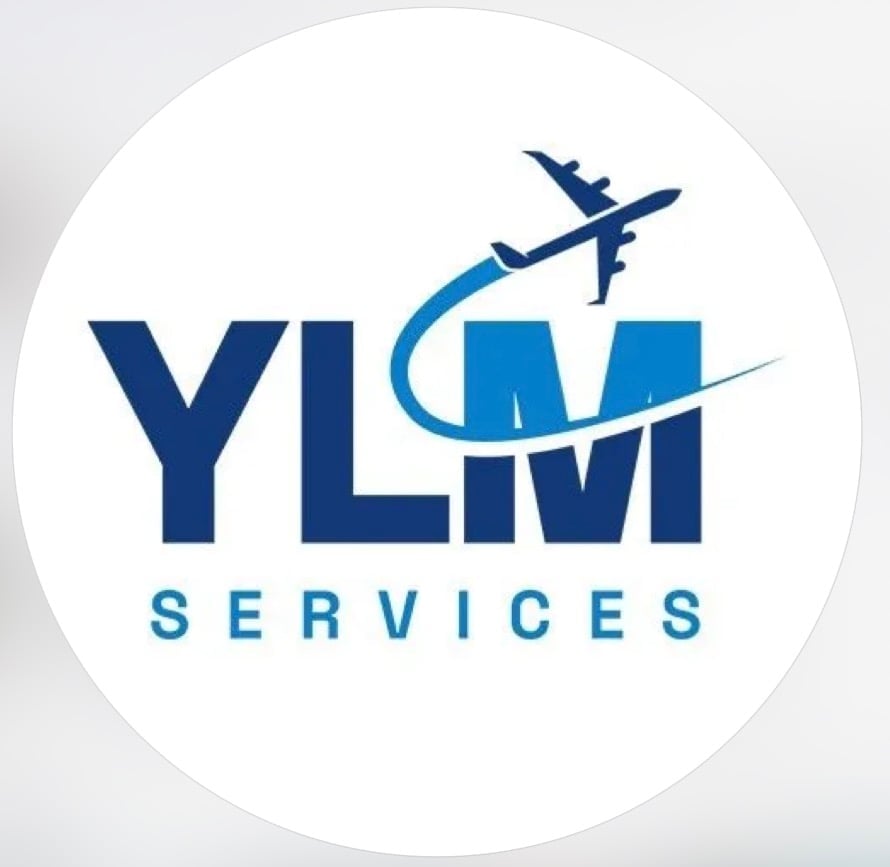 YLM Services logo with an airplane silhouette and curved swoosh design in blue