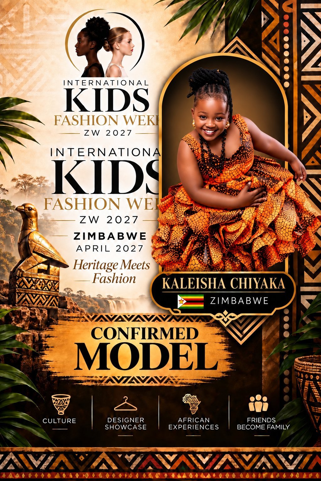 Confirmed model poster for International Kids Fashion Week Zimbabwe 2027 featuring Kaleisha Chiyaka from Zimbabwe in a gold patterned dress
