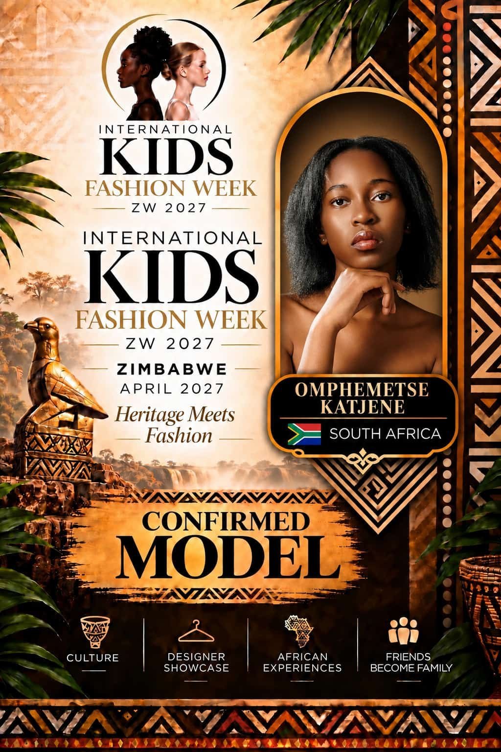 Confirmed model poster for International Kids Fashion Week Zimbabwe 2027 featuring Omphemetse Katjene from South Africa with African-inspired design elements
