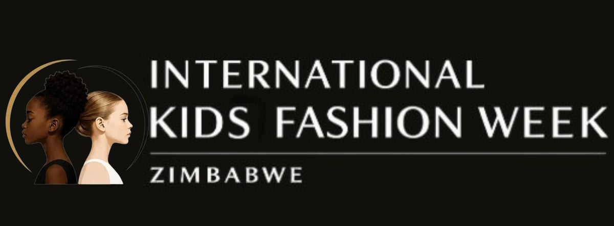 International Kids Fashion Week Zimbabwe logo featuring two young models in profile on black background