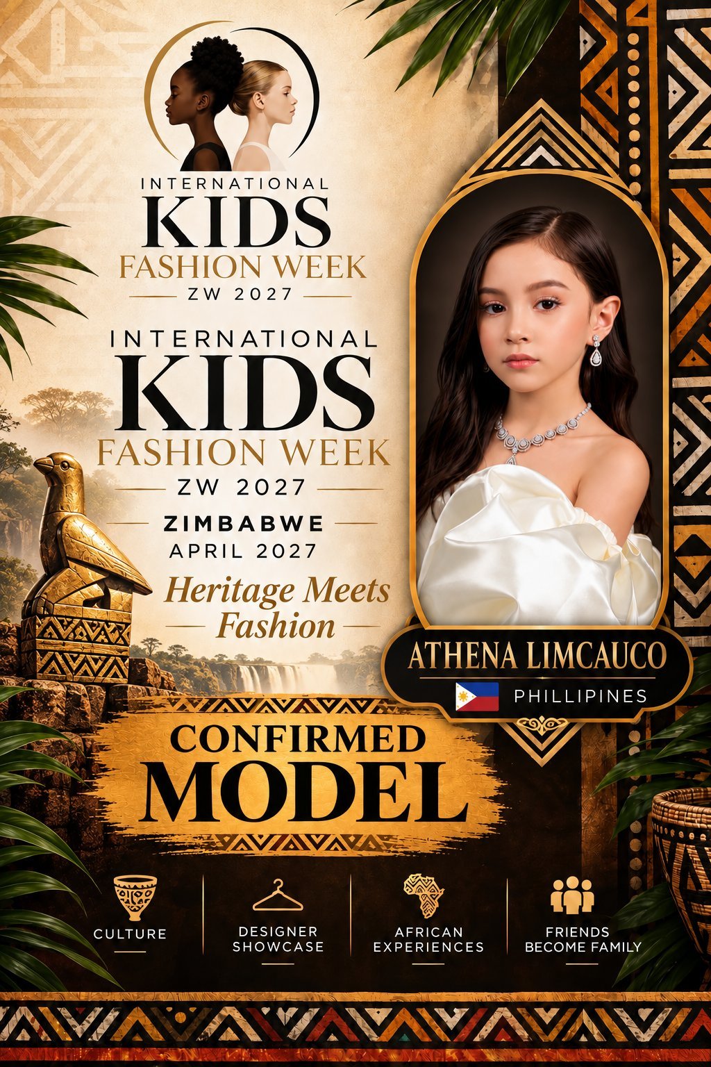Confirmed model poster for International Kids Fashion Week Zimbabwe 2027 featuring Athena Limcauco from the Philippines in an elegant white outfit