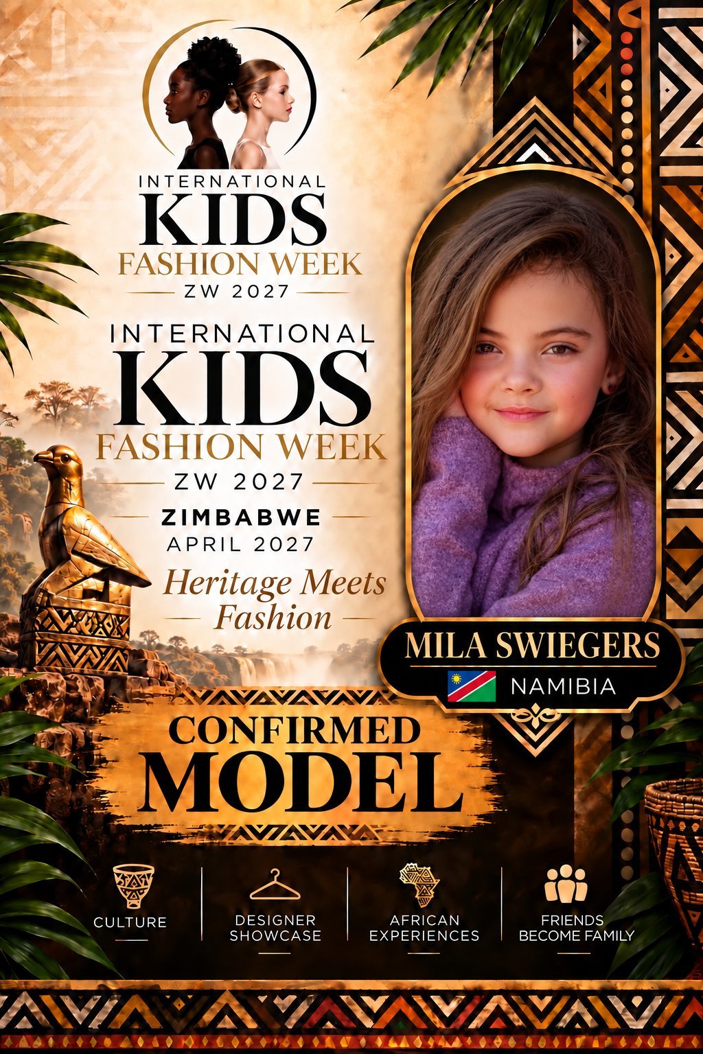 Confirmed model poster for International Kids Fashion Week Zimbabwe 2027 featuring Mila Swiegers from Namibia