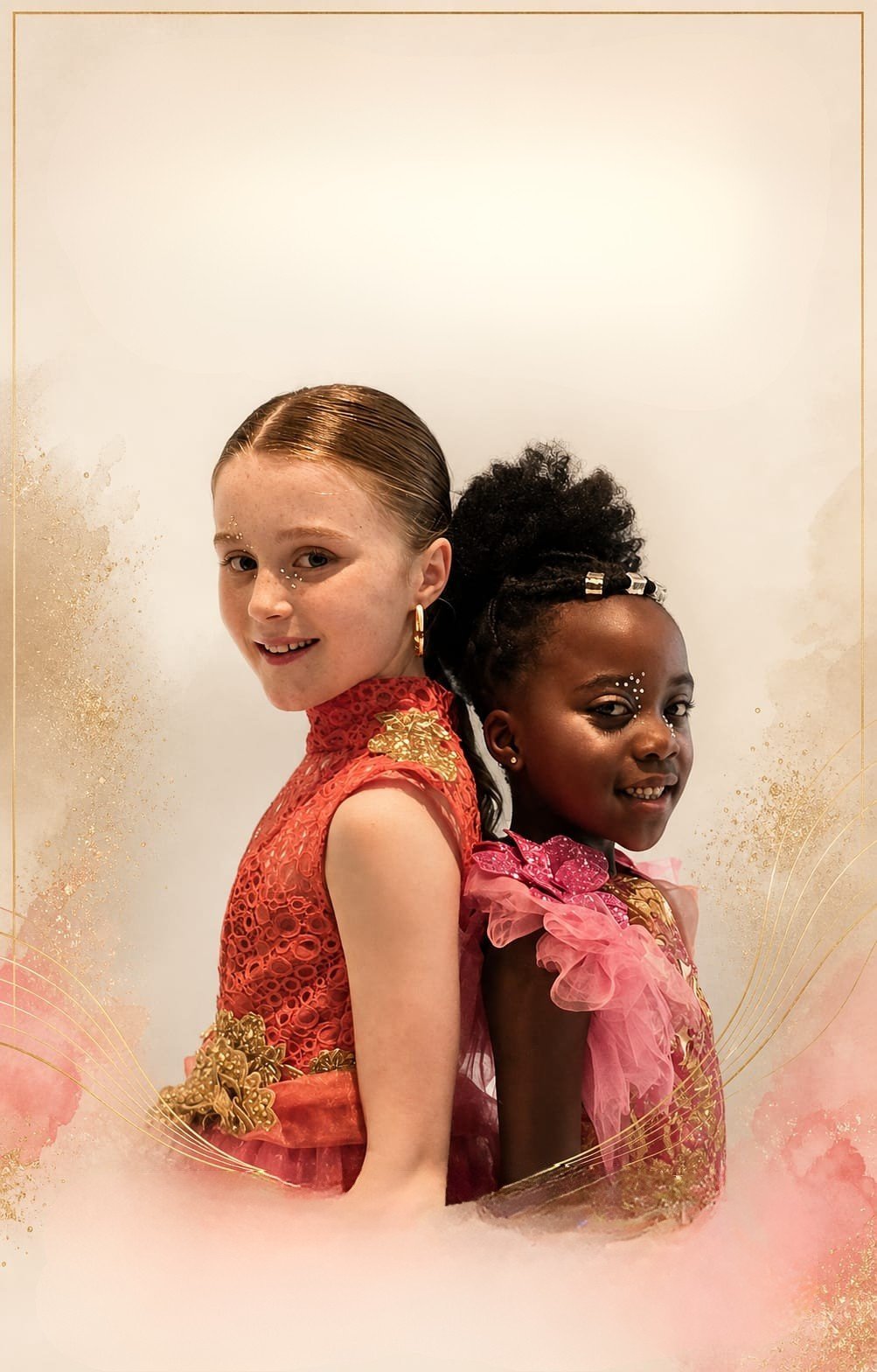 Two young girls smiling at camera, one wearing a red sequined vest and one wearing pink, against a cream and gold watercolor background