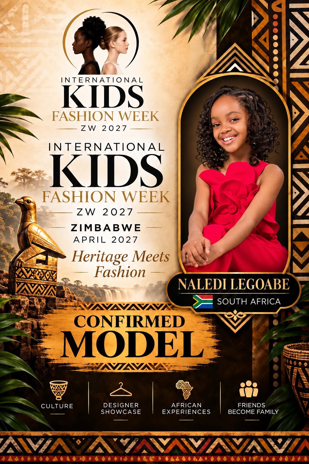 Confirmed model poster for International Kids Fashion Week Zimbabwe 2027 featuring Naledi Legoabe in a red dress with African-inspired design elements